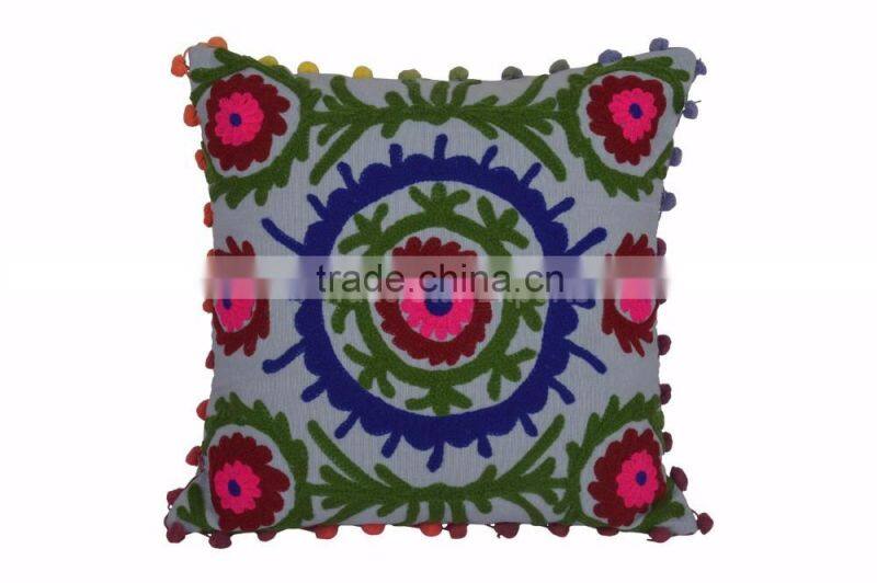 Indian Suzani Cushion Cover 16x16 Pom Pom Pillowcases Boho Throw Pillows