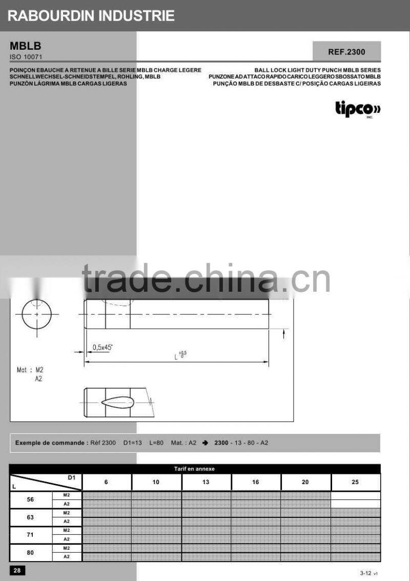 Rabourdin MBLA standard ISO 10071 ball lock light duty pilot punch