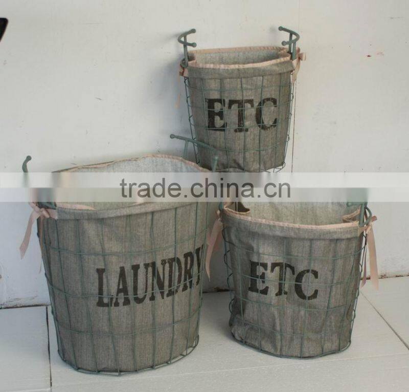 French industrial metal wire laundry basket with fabric liner