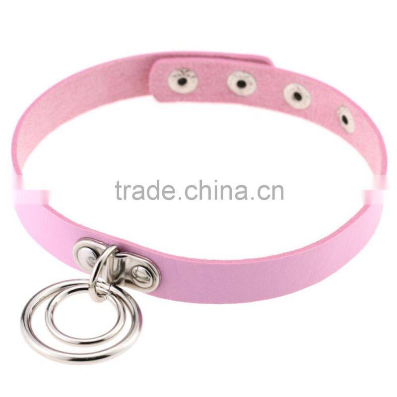 Fashion Handmade Punk Gothic Double O Shaped Metal Leather Button Jewelry Collar Choker Necklace