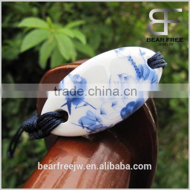 Fashion Design Oval Ceramic Bracelet with Blue love bird flower printing