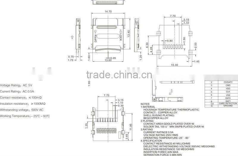 8 pin push push type sim card reader connector TF03A