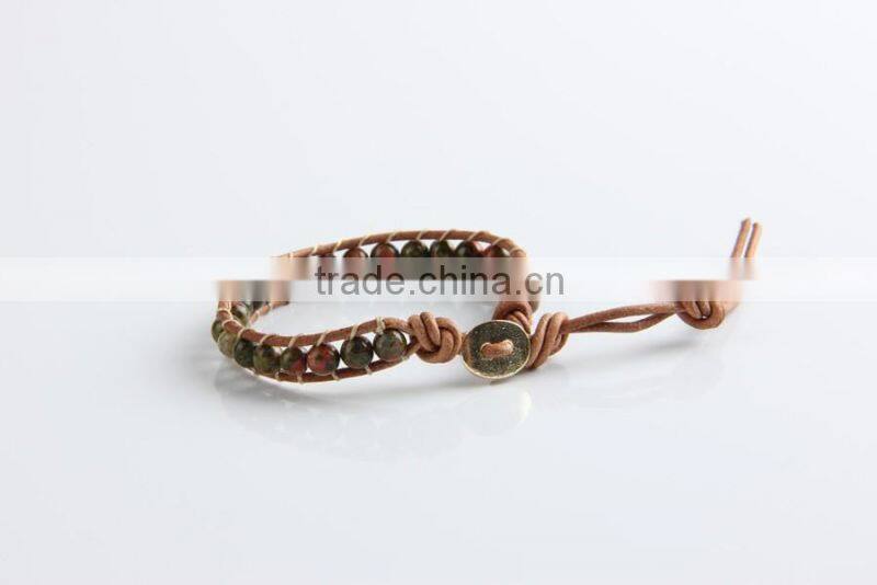 6mm green agate stone leather cord bracelet, latest design bangles and bracelet, special bracelet