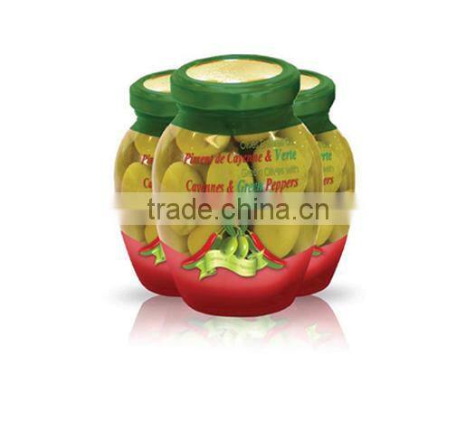 High Quality 100% Tunisian Table Olives,Green Olives with Green Peppers & Cayenne Peppers,Table Olives 370 ml Glass Jar