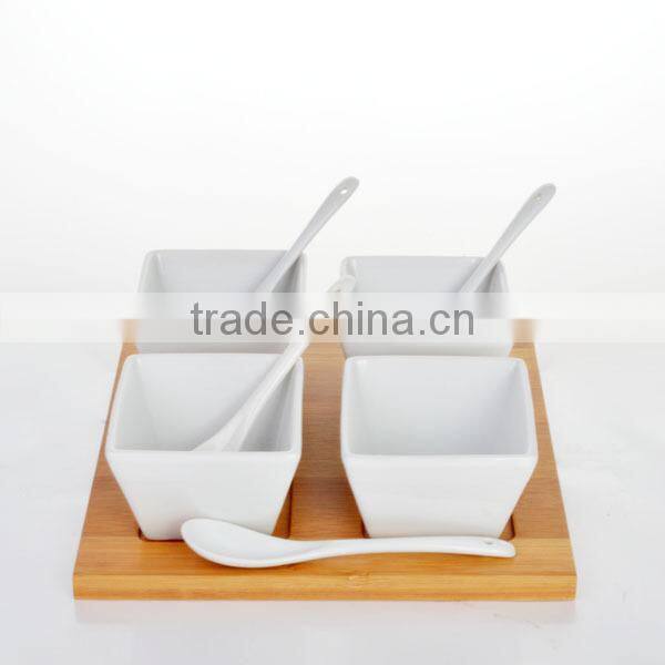 Set of 4 Elegant China appetizers bowl made by white ceramic porcelain with wooden tray