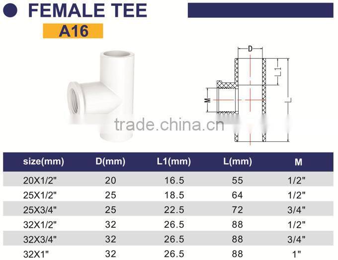 HIGH QUANLITY FEMALE TEE OF PVC GB STANDARD PIPES & FITTINGS FOR WATER SUPPLY