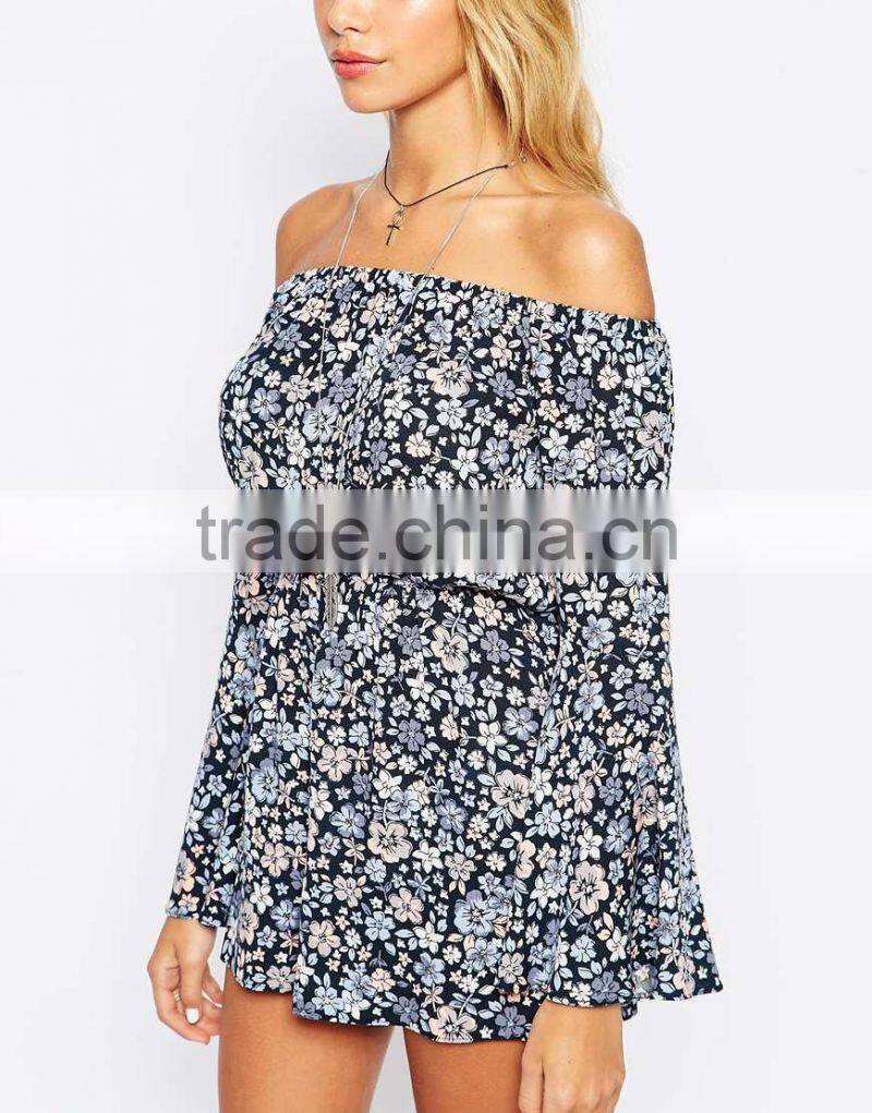 2015 fashionable hot sale OEM customized Off Shoulder Romper with Flutter Sleeves in Pretty Floral Print