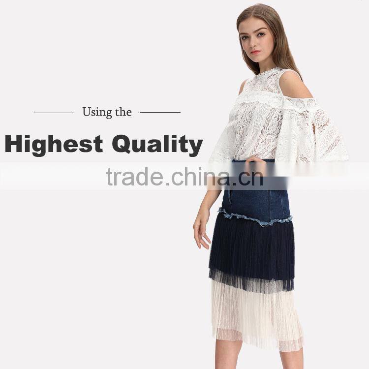 Domin women fashion jean denim skirts with mesh