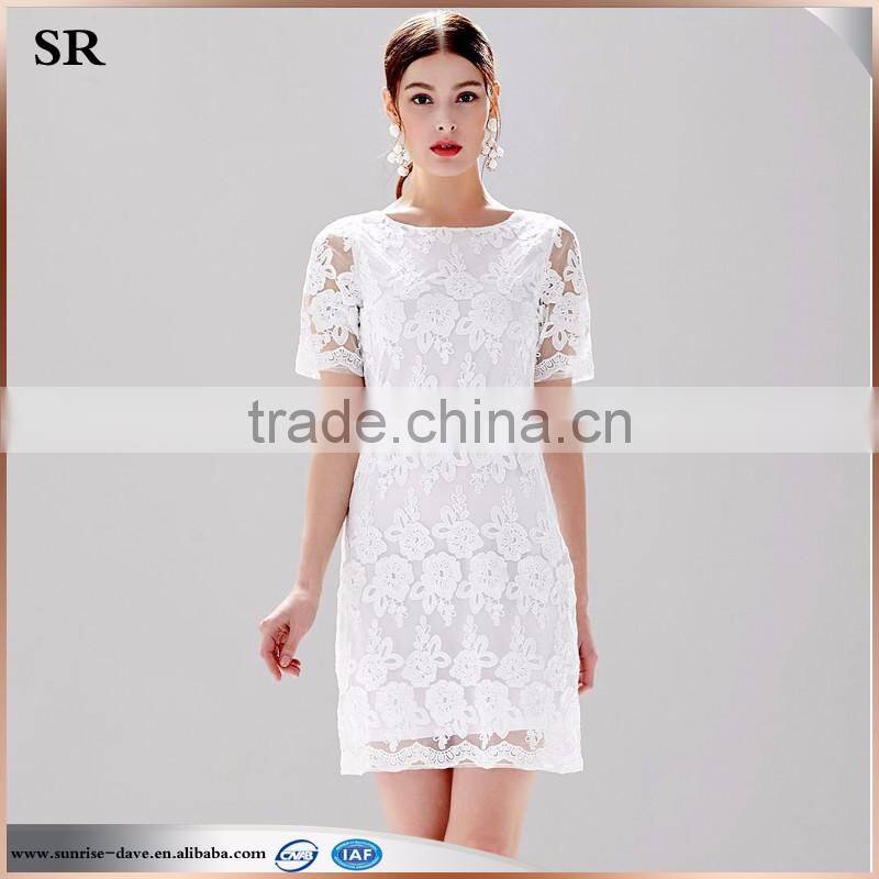 embroidery flower pattern white lady's new fashion mini party dress