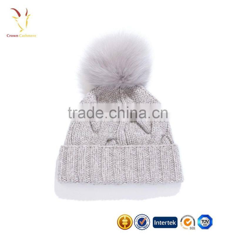 Cable Custom Winter Hat,Merino Wool Fur Pom Pom hat