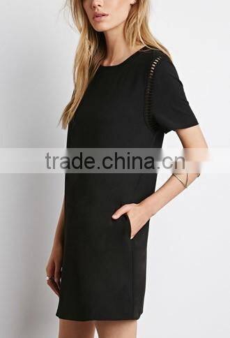 Hollow out embroidery straight dress with short sleeves