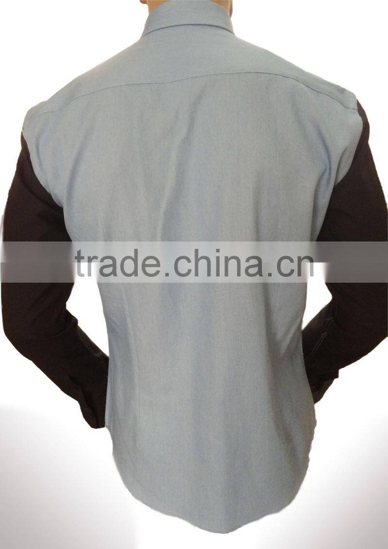 2017 new design men's denim casual shirt with contrast sleeve