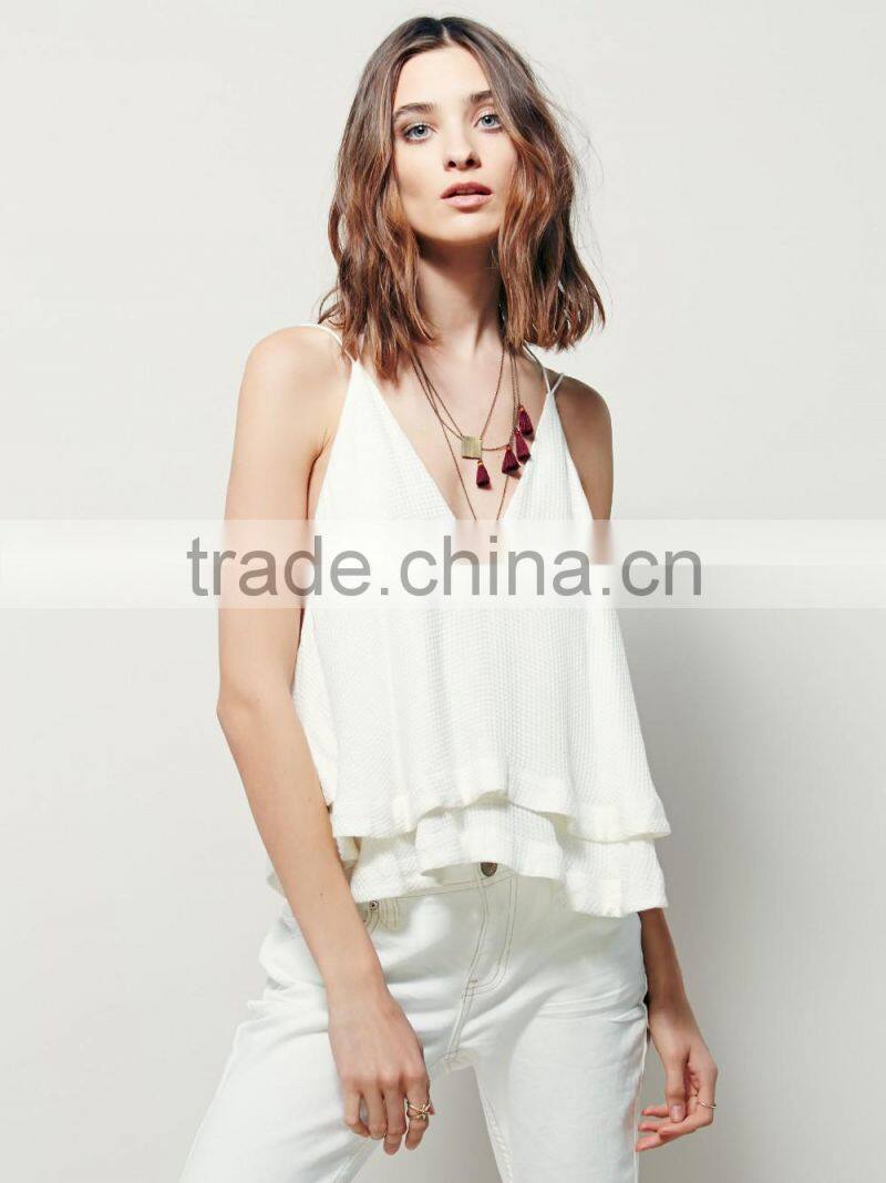 2016 Guangzhou Shandao Manufacture High Fashion Summer Sexy Spaghetti Strap Loose White Chiffon New Style Top For Girls