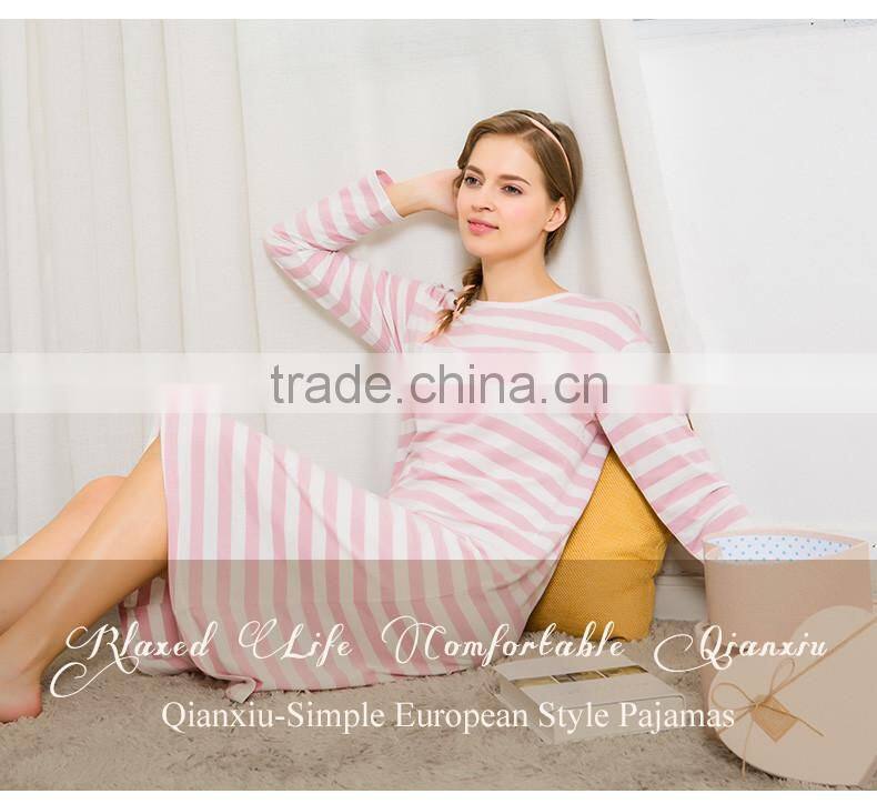 2017 Best Qianxiu Autumn Inner Home Women Lady Girl Cotton Long Sleeved Strip Chinese Women Nightgown