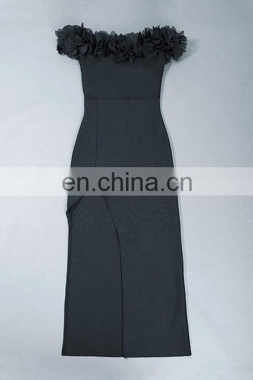 Amigo 2017 new designer sex black off-shoulder flower long slit tube bandage dress maxi evening dresses for women party wear