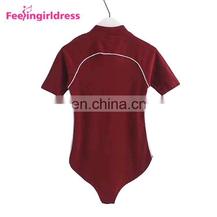 China Factory Wine Red Bodysuit High Elasticity Vintage Romper Cotton Womens Clothing Jumpsuits