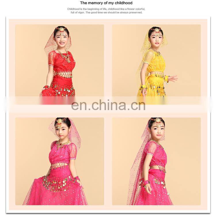 girl's KID's Children Belly Dance top dance Costume beads coins top Shining chiffon latest Long sleeve top Shining Net yarn top