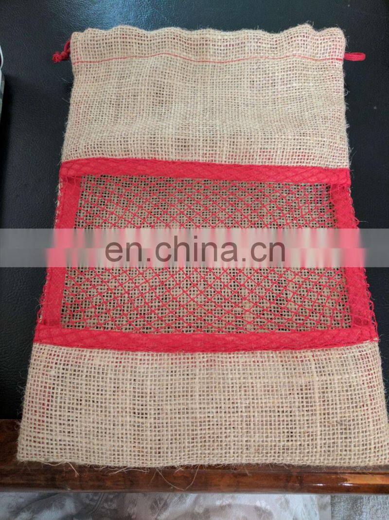 Jute Bag with Strong Mesh Bag, Jute Food Grade Packing Bag, Jute Porch with net and drawstring, Wholesale Jute Mesh Bag