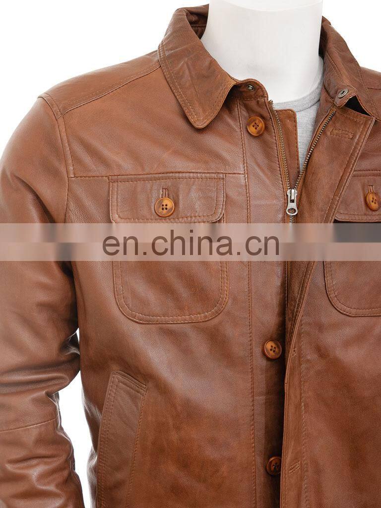 New style High Quality Brown leather jacket Fit short motorbike Fashion Biker men Leather Jacket