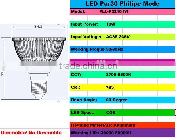 60 Degree beam angle cob led spotlight high power aluminum 10w led par 30