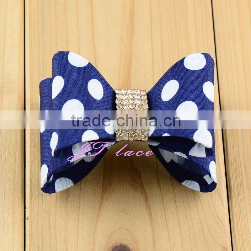 Navy/Hot pink dot and red/yellow dot hair bow rhinestone centre decorate