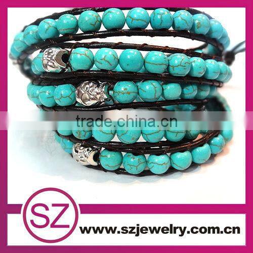 Fashion red jade beads beaded wrap leather bracelet for men