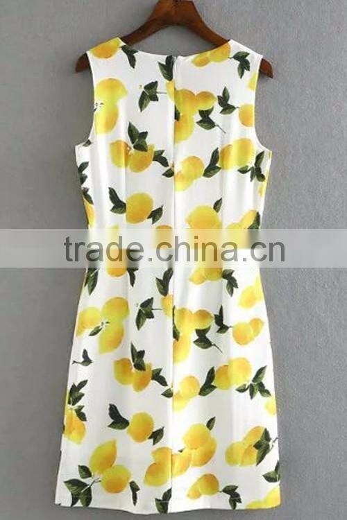 Lemon Print Round Collar Simple Sleeveless Dress Design