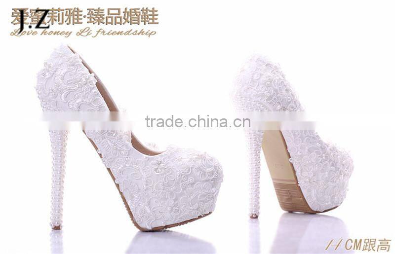 OW17 pure white lace beads wedding shoes sexy high heel platform wedding shoes