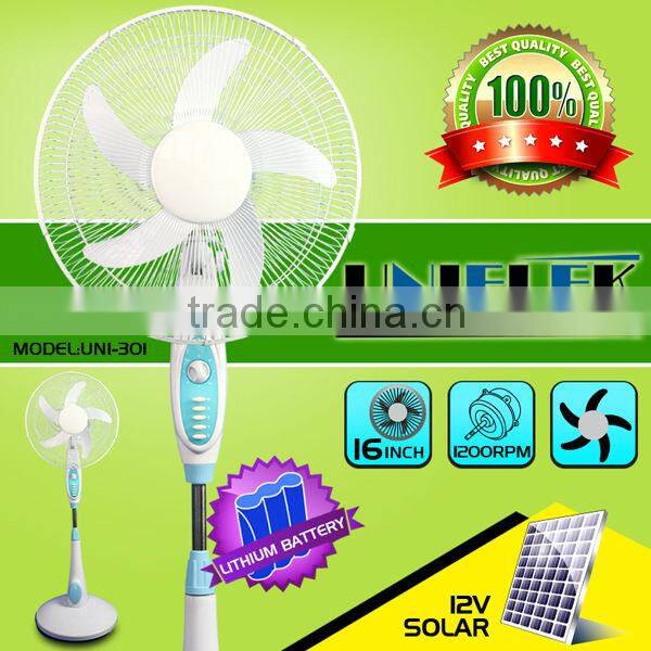 Free use sun power supply solar dc fan emergency lighting pedestal 12v battery rechargeable fan