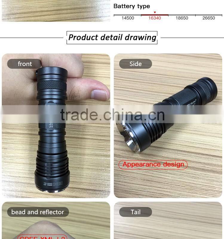 LUCKYSUN Sample available XML L2 16340 battery in led flashlight with pocket mini size
