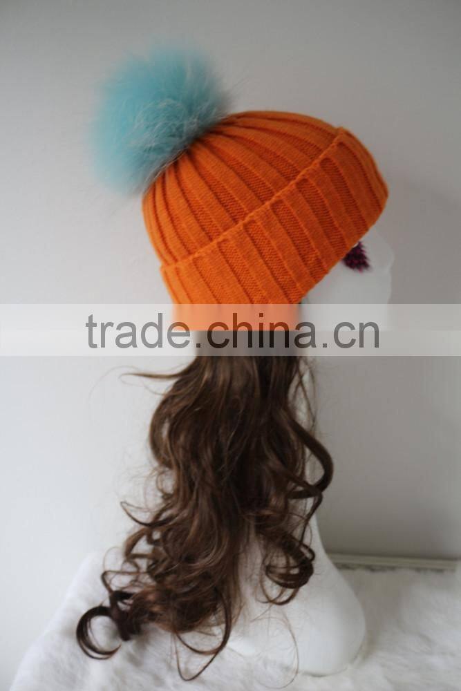 Vintage Design Stylish Baby Blue Raccoon Fur Ball/Pompom Orange Rib Knitted Wool Beanie Cap/Hat
