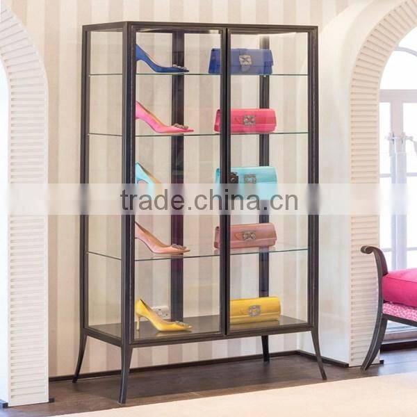 retail metal and glass bags and shoes display showcase