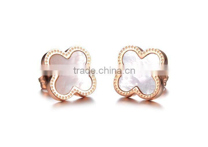 KSTONE rose gold stainless steel shell inlaid four leaf clover stud earrings