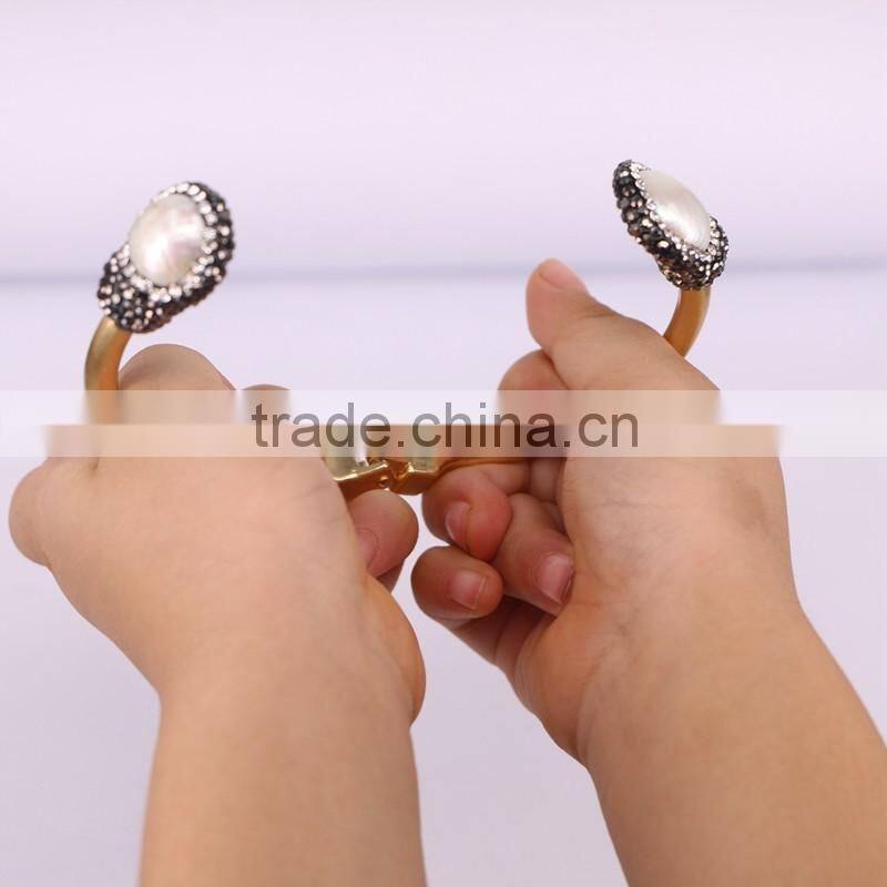 Fashion Metal Gold Plated Brass Pearl Bangle, with Freshwater Pearl and Crystal Paved Druzy Gem Jewelry Bangles