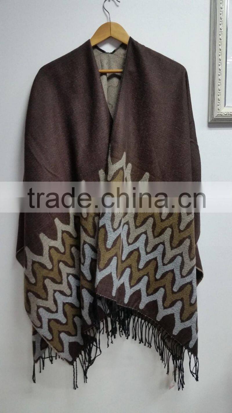 16PKP001 2016 lady's trendy zatec print woven striped acrylic poncho