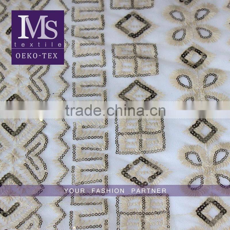 Latest white sequin mesh fabric, wholesale sequin polyester mesh fabric