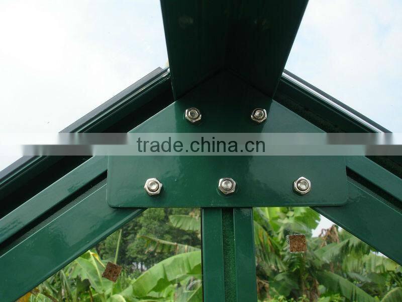 new-style and widely used deluxe tempered glass greenhouse with green aluminium frame