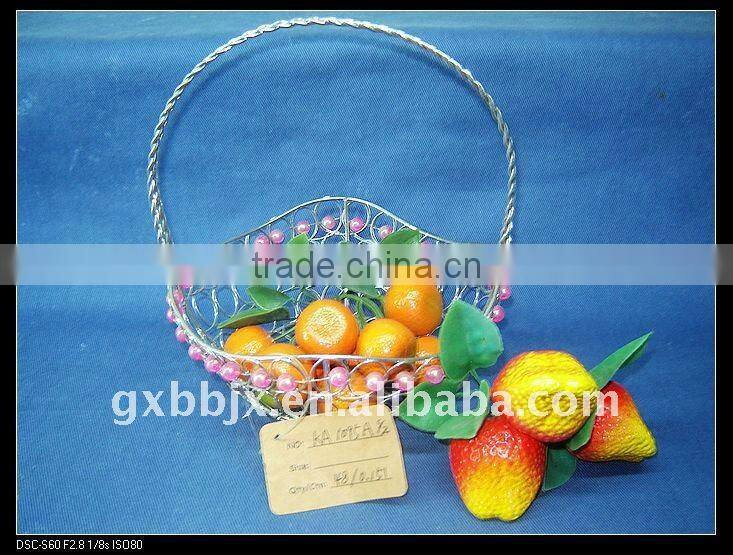 Silver round storage wire hanging basket frame decorative with red pearl