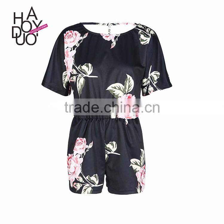 HAODUOYI Women Sexy Print Backless Crew Neck Breasted Romper Beach Party Short Sleeve Jumpsuit