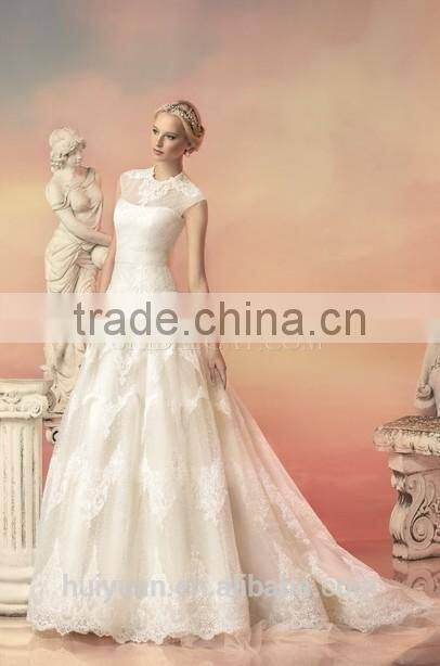 new real lace cap sleeve ball gown high collar wedding dress
