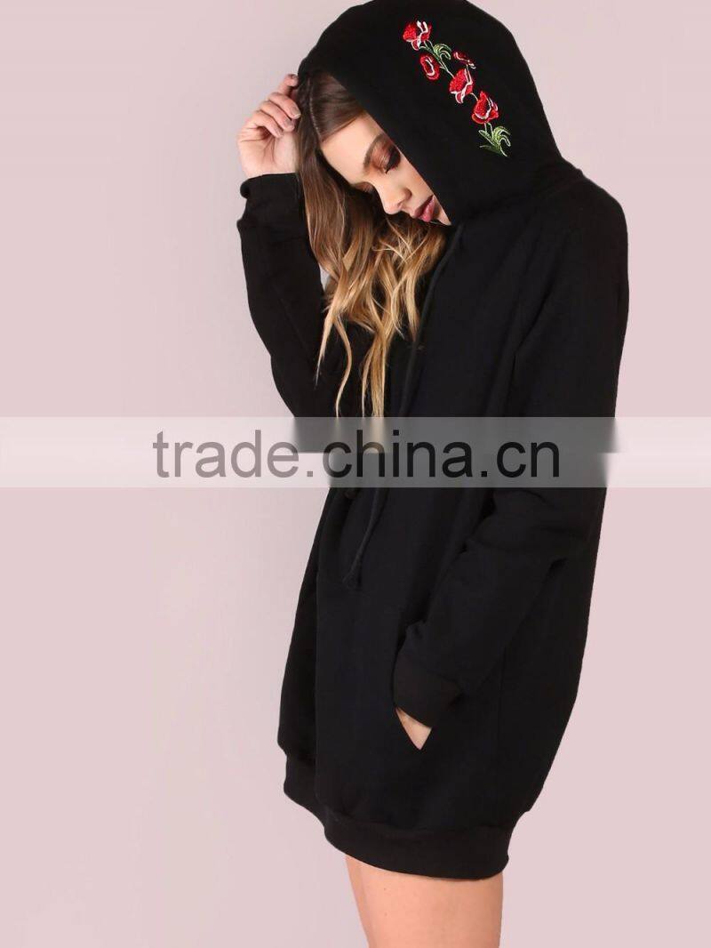 Oversized Custom Logo Embroidery Longline Hoodies Dress Hood Sweatshirt 100 Cotton Black Pocket Front Embroidered Hoodies