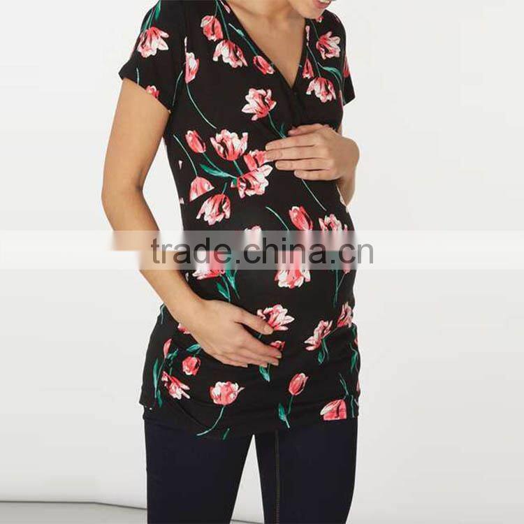 Black Tulip Print Wrap Maternity Top Clothes Cheap