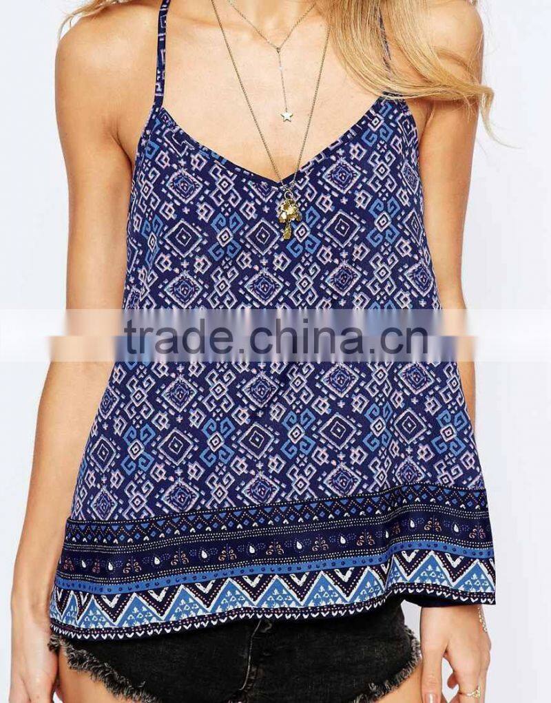 2016 Guangzhou Shandao Factory Bulk New Fashion Summer Sexy Spanghetti Strap Vintage Printed Loose Cotton Tops For Women