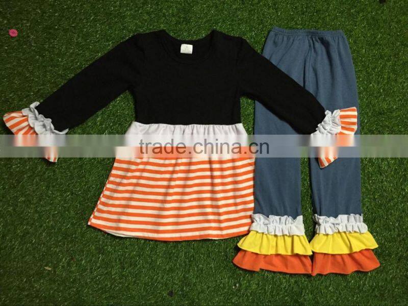 2016 new style Halloween black and orange pumpkin tunic and triple ruffle pant clothing sets bulk wholesale kids fall clothing