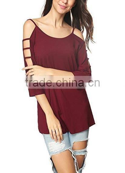 Women's 100% cotton comfort colors tShirts in bulk Hollowed Out Shoulder Three Quarter Sleeve