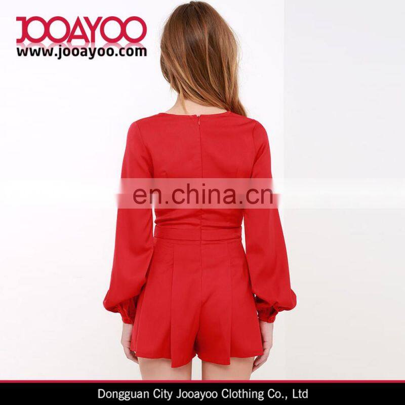 Jumpsuit for Women 2016 V-neck Red Long Sleeve Romper with Pleat Details