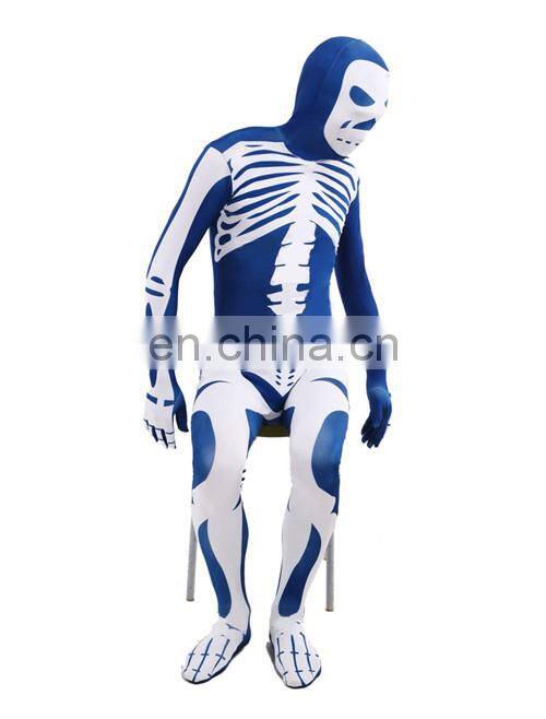 Blue & White Skeleton Nude Suit Tight Zentai Body Spandex Stretch Mens Jumpsuit Adult