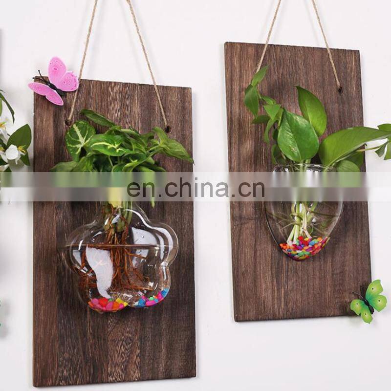 Wall-mounted Glass Vase Home Decor Glass & Wooden Flower Pot Vintage Wood Wall Hanging Heart Shape Vase