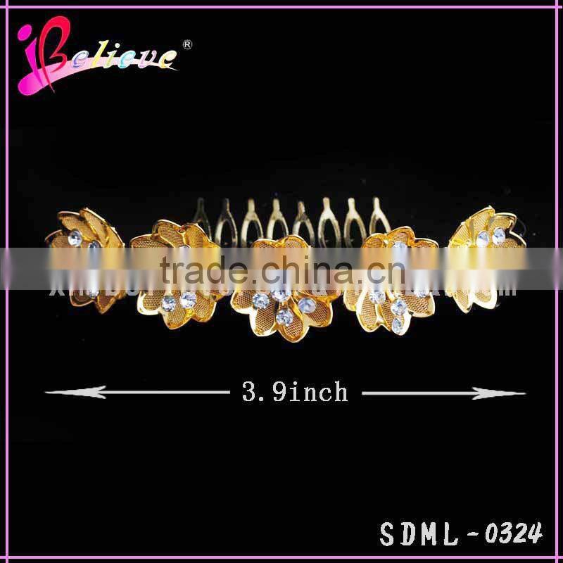 2015 New popular 24k gold foil flower hair accessories,crystal diamond gold flower jewelry hair comb
