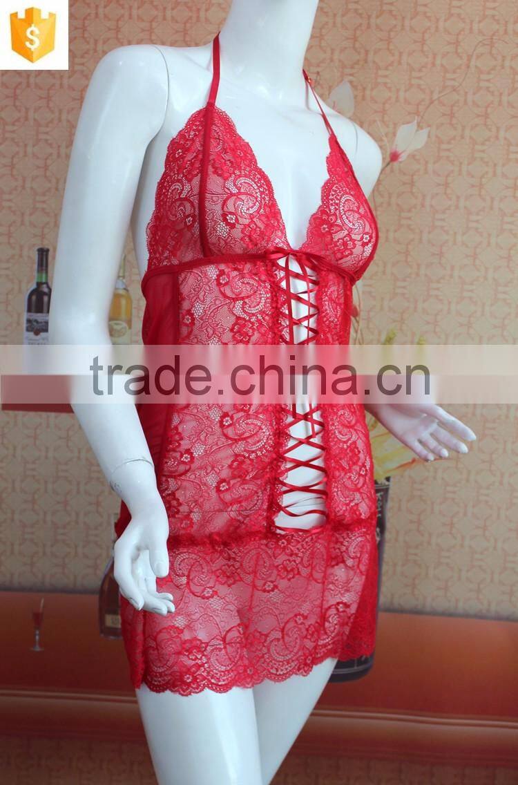 Red sexy lace mature lingerie, transparent sexy women lingerie nighty